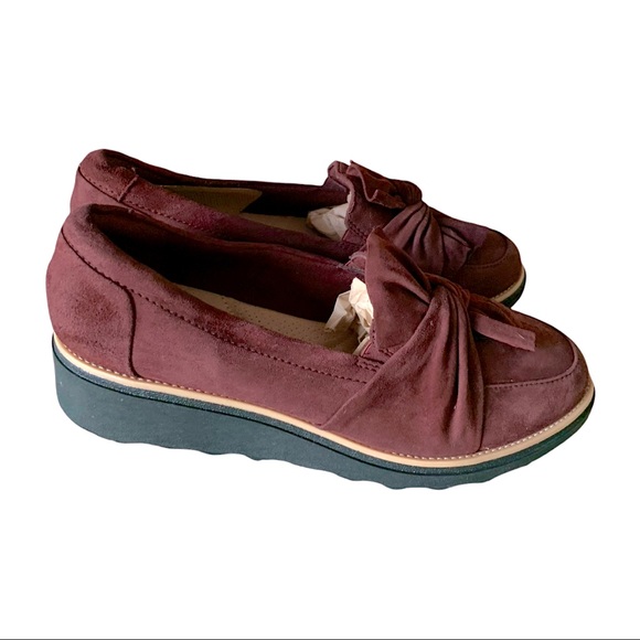Clarks Shoes - CLARKS | Burgundy Suede Platform Bow Loafers 9